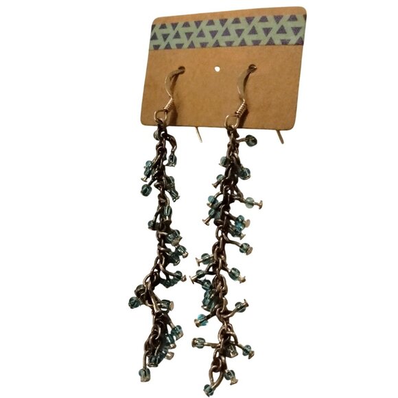 Chain Dangle Earrings Blue Aqua Glass Beads Unique Artisan - Picture 2 of 6